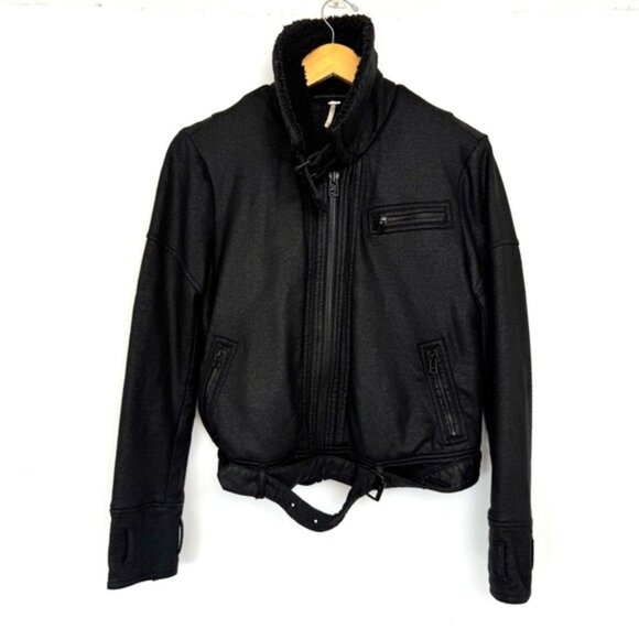Free People black Vegan Leather Sherpa Collar MotoJacket size XSmall - Picture 2 of 10